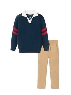 ANDY & EVAN Infant 2-Piece Collared Sweater & Hybrid Pant, Navy & Cognac 9-12M